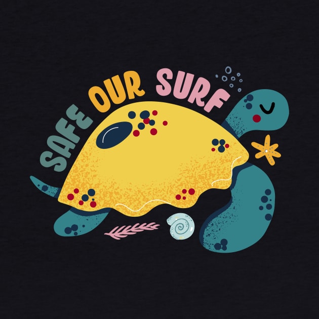 Safe our Surf quote with cute sea animal turtle, starfish, coral and shell aesthetic pastel color illustration. by jodotodesign